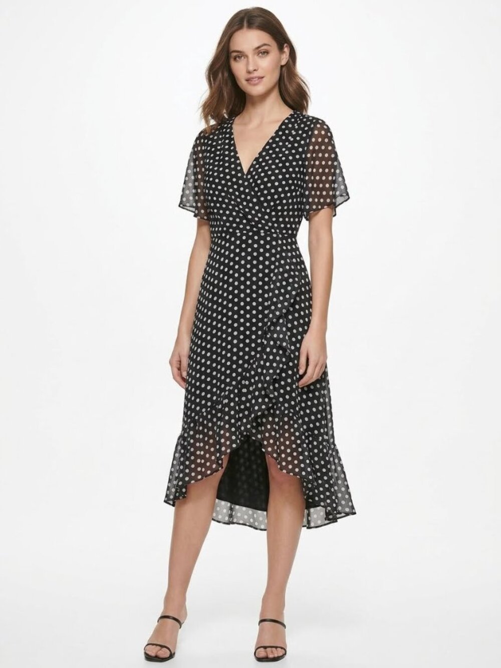 Calvin Klein Polka Dot Chiffon Faux Wrap Midi Dress High Low